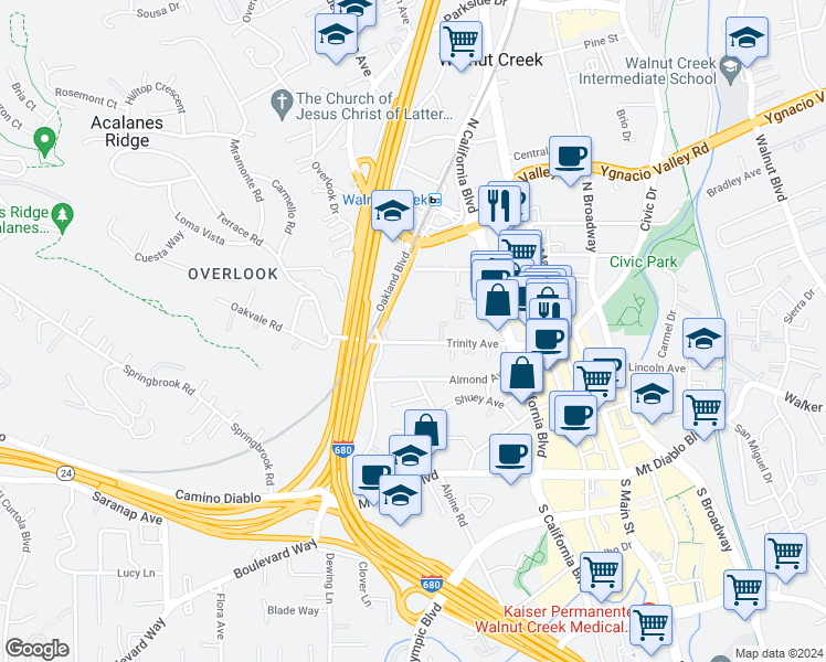 map of restaurants, bars, coffee shops, grocery stores, and more near 1924 Trinity Avenue in Walnut Creek