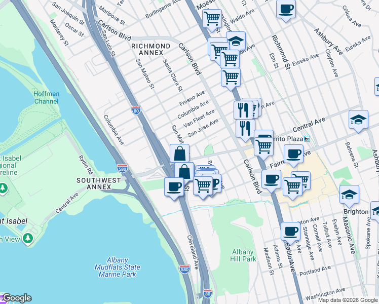 map of restaurants, bars, coffee shops, grocery stores, and more near 5600 El Dorado Street in El Cerrito