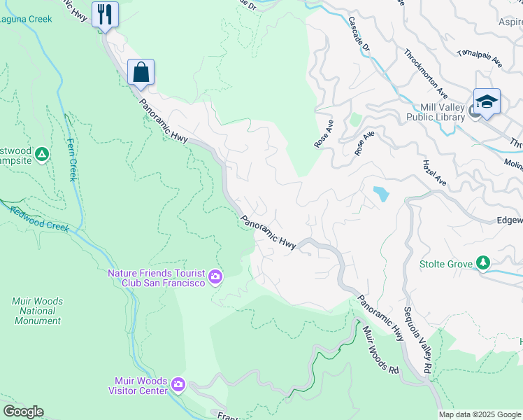 map of restaurants, bars, coffee shops, grocery stores, and more near 10 Saint Jude Road in Mill Valley