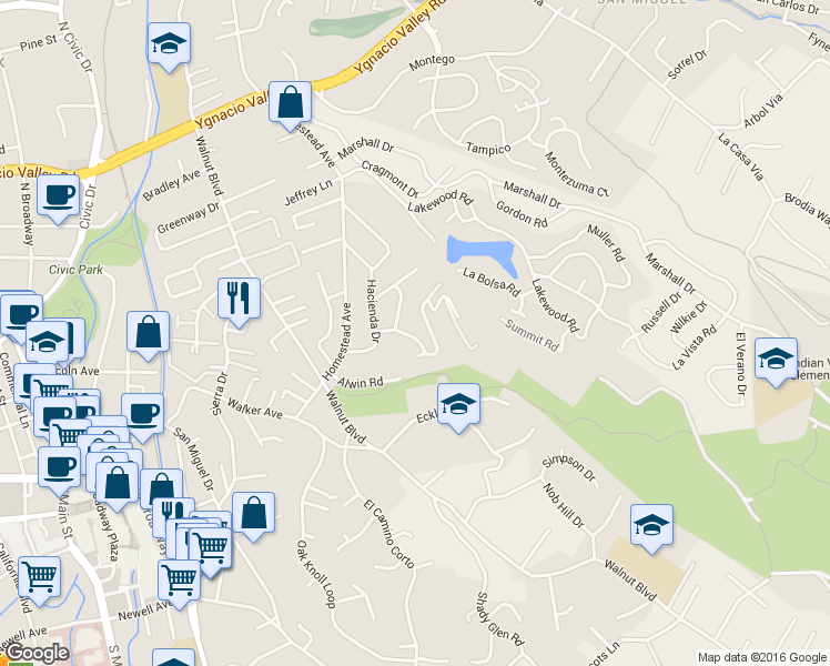 map of restaurants, bars, coffee shops, grocery stores, and more near 140 Summit Road in Walnut Creek