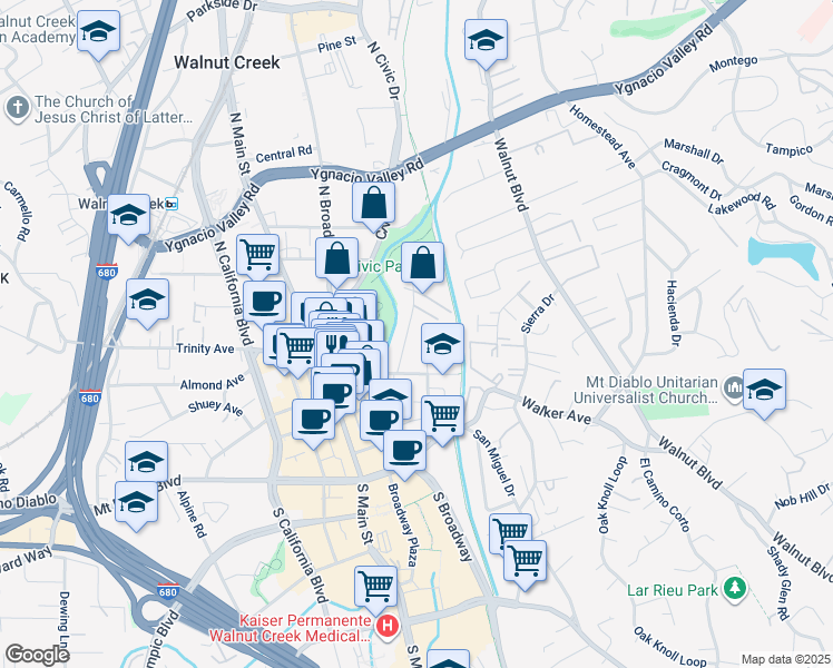 map of restaurants, bars, coffee shops, grocery stores, and more near 1682 Carmel Drive in Walnut Creek