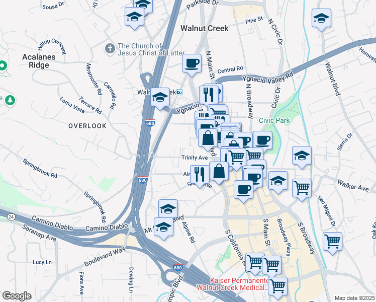 map of restaurants, bars, coffee shops, grocery stores, and more near 1812 Trinity Avenue in Walnut Creek
