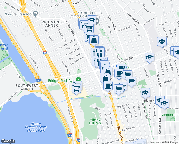 map of restaurants, bars, coffee shops, grocery stores, and more near 3124 Yosemite Avenue in El Cerrito