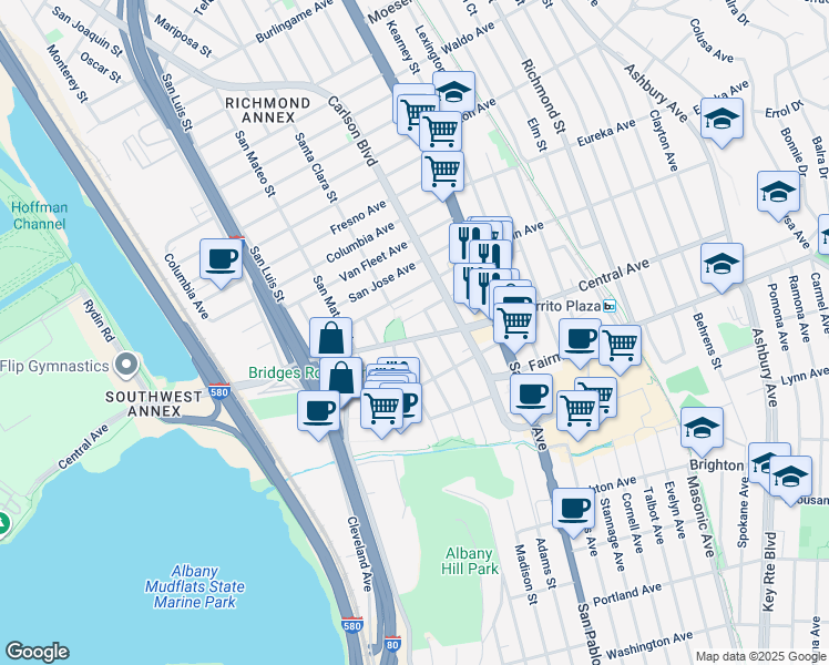 map of restaurants, bars, coffee shops, grocery stores, and more near 5804 Avila Street in El Cerrito