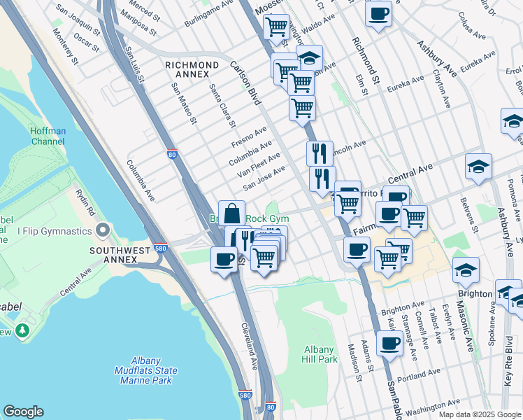 map of restaurants, bars, coffee shops, grocery stores, and more near 5628 El Dorado Street in El Cerrito