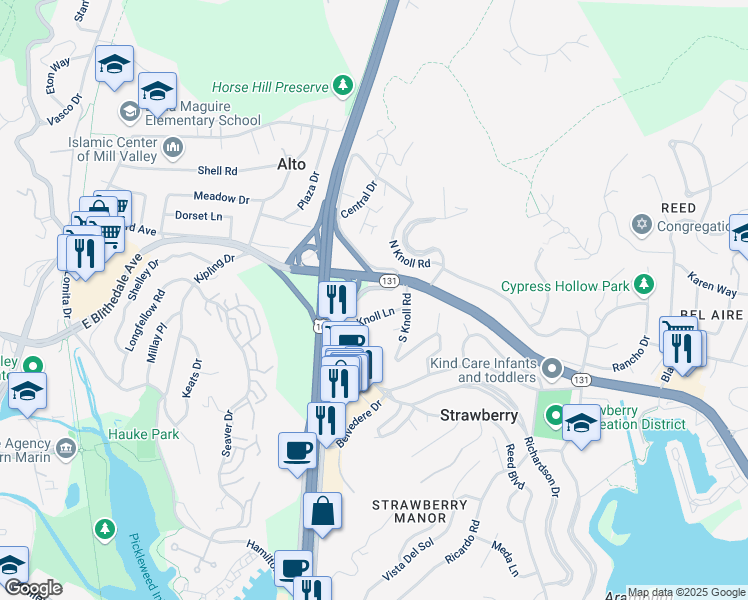map of restaurants, bars, coffee shops, grocery stores, and more near 1020 Redwood Highway Frontage Road in Mill Valley