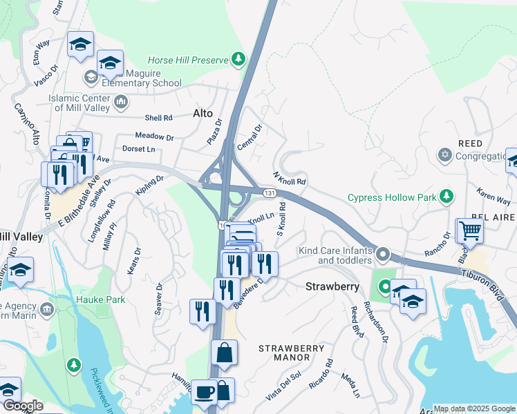 map of restaurants, bars, coffee shops, grocery stores, and more near 1020 Redwood Highway Frontage Road in Mill Valley