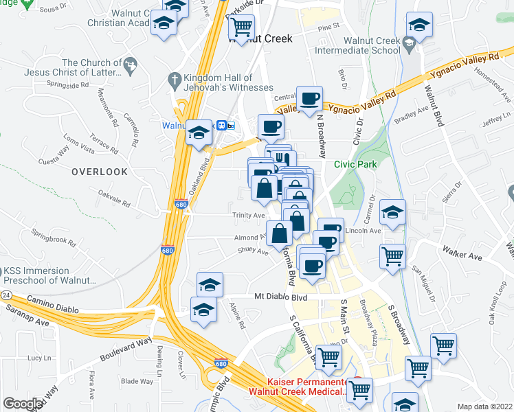 map of restaurants, bars, coffee shops, grocery stores, and more near 1663 North California Boulevard in Walnut Creek
