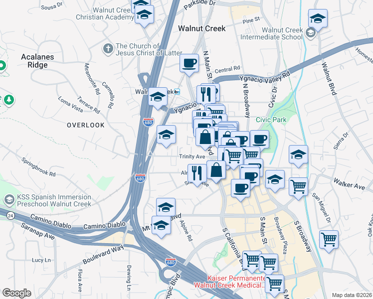 map of restaurants, bars, coffee shops, grocery stores, and more near 1812 Trinity Avenue in Walnut Creek