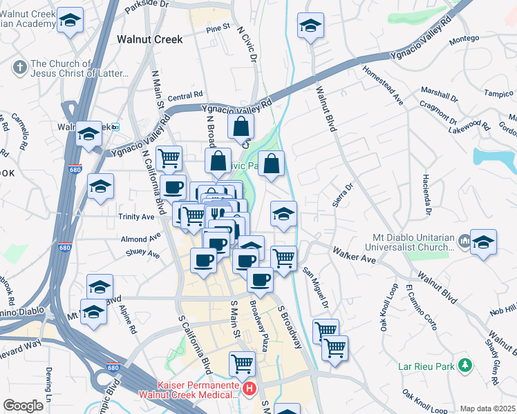 map of restaurants, bars, coffee shops, grocery stores, and more near in Walnut Creek
