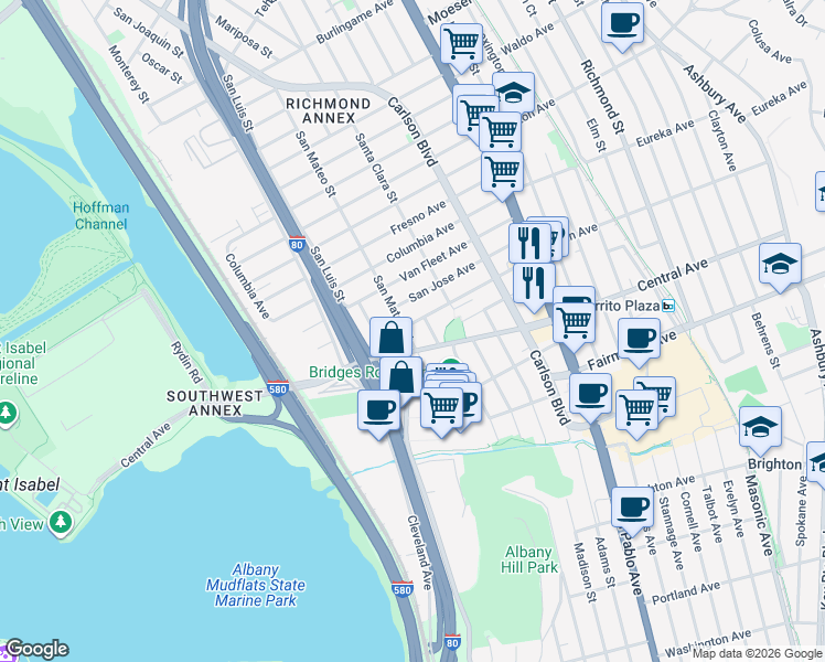 map of restaurants, bars, coffee shops, grocery stores, and more near 5628 El Dorado Street in El Cerrito