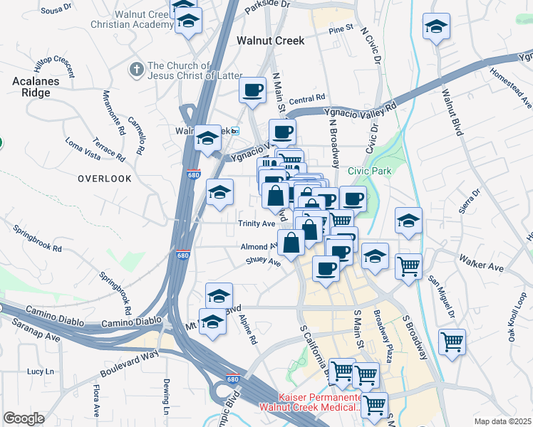 map of restaurants, bars, coffee shops, grocery stores, and more near 1657 North California Boulevard in Walnut Creek