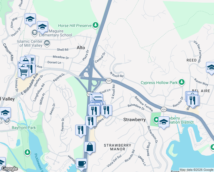 map of restaurants, bars, coffee shops, grocery stores, and more near 36 Tiburon Boulevard in Mill Valley