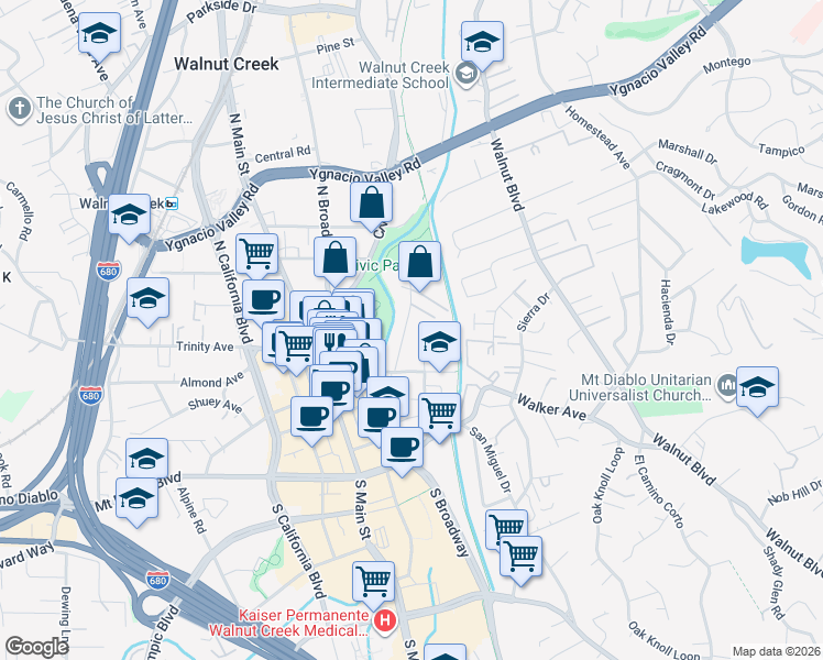 map of restaurants, bars, coffee shops, grocery stores, and more near 1672 Carmel Drive in Walnut Creek