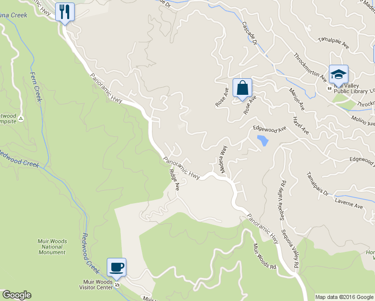 map of restaurants, bars, coffee shops, grocery stores, and more near 10 Sunrise Lane in Mill Valley