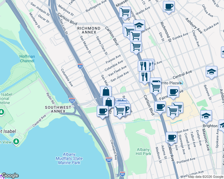 map of restaurants, bars, coffee shops, grocery stores, and more near 5600 El Dorado Street in El Cerrito