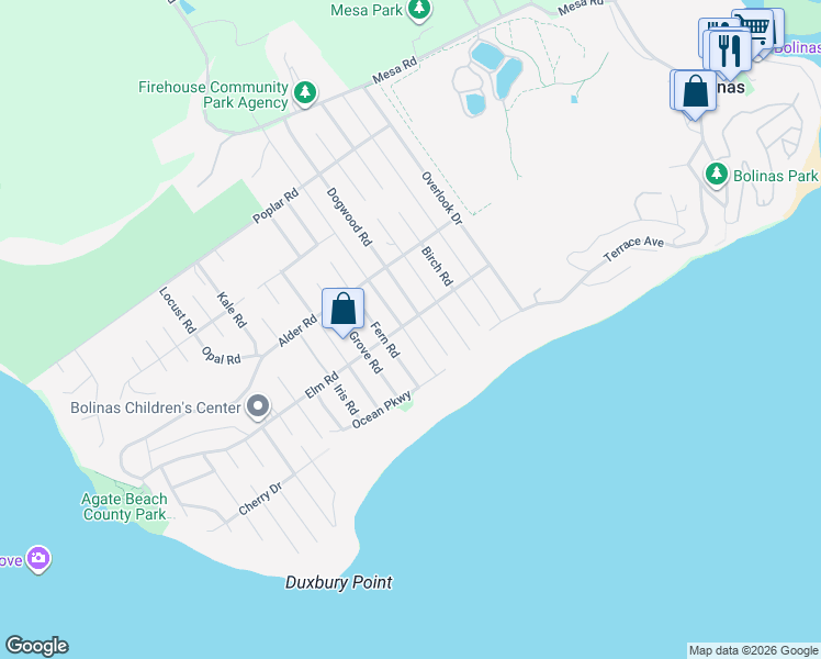 map of restaurants, bars, coffee shops, grocery stores, and more near 181 Elm Road in Bolinas