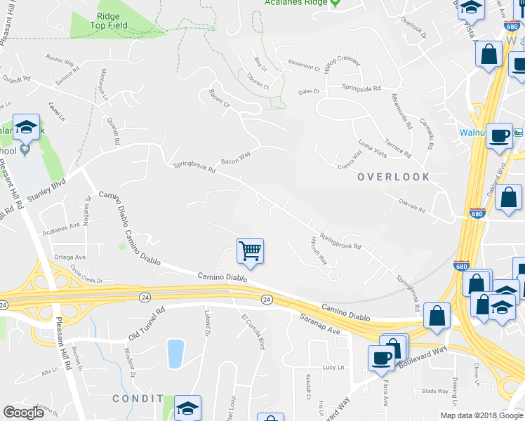 map of restaurants, bars, coffee shops, grocery stores, and more near 1591 Springbrook Road in Walnut Creek