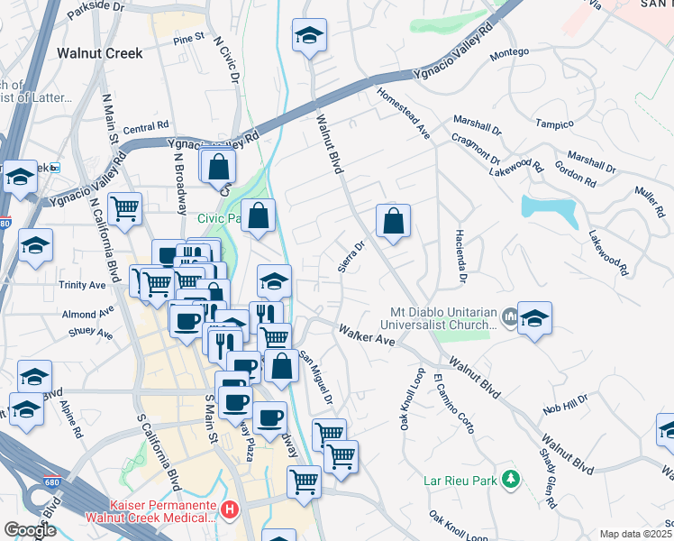 map of restaurants, bars, coffee shops, grocery stores, and more near 14 Edmund Court in Walnut Creek