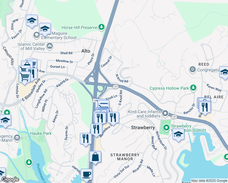map of restaurants, bars, coffee shops, grocery stores, and more near 36 Tiburon Boulevard in Mill Valley