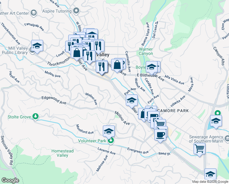 map of restaurants, bars, coffee shops, grocery stores, and more near 190 Miller Avenue in Mill Valley