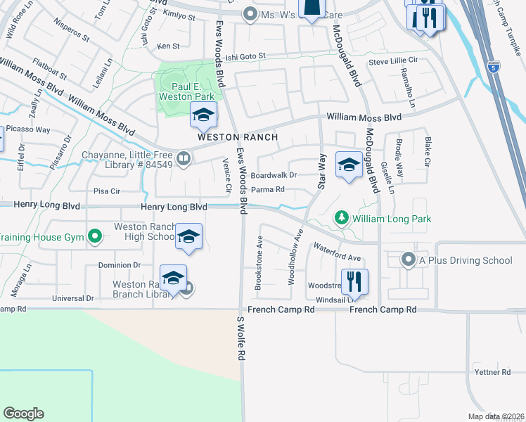 map of restaurants, bars, coffee shops, grocery stores, and more near 1214 Henry Long Boulevard in Stockton