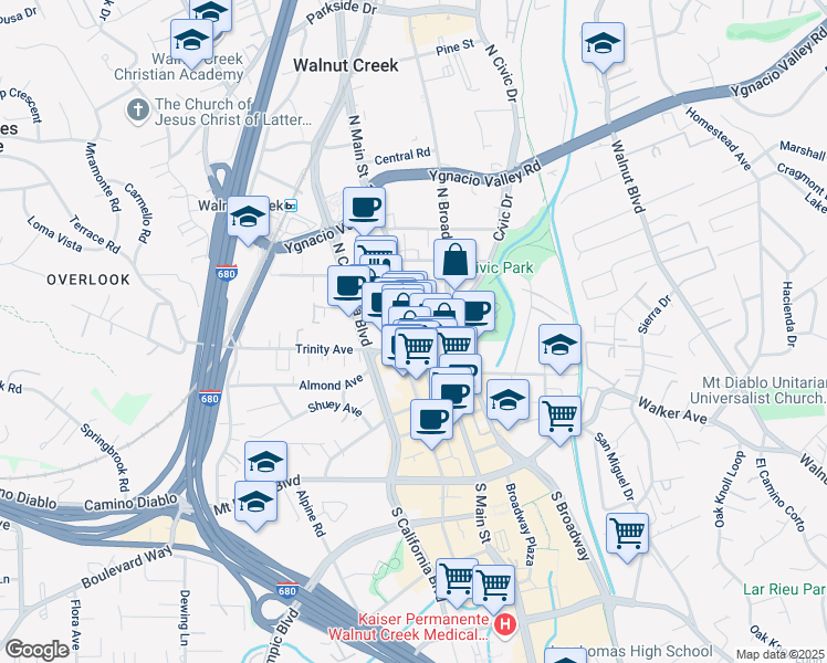 map of restaurants, bars, coffee shops, grocery stores, and more near 1523 Giammona Drive in Walnut Creek