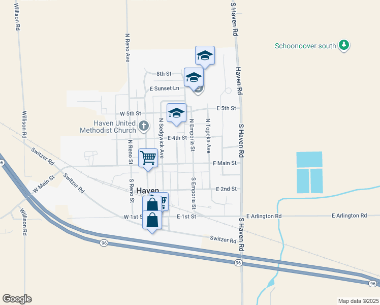 map of restaurants, bars, coffee shops, grocery stores, and more near 109-111 North Emporia Street in Haven