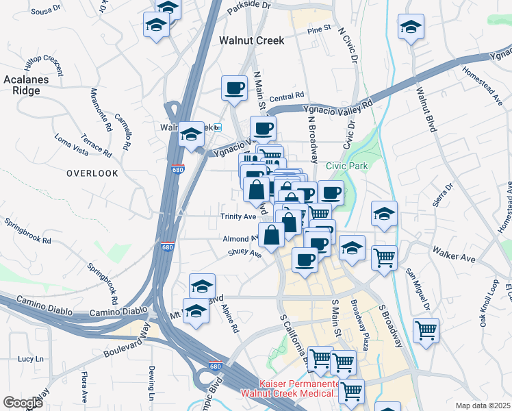 map of restaurants, bars, coffee shops, grocery stores, and more near 1655 North California Boulevard in Walnut Creek