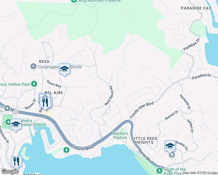map of restaurants, bars, coffee shops, grocery stores, and more near 65 Reed Ranch Road in Tiburon