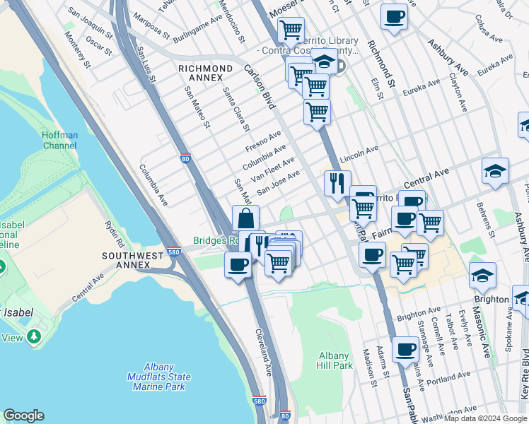 map of restaurants, bars, coffee shops, grocery stores, and more near 5616 El Dorado Street in El Cerrito