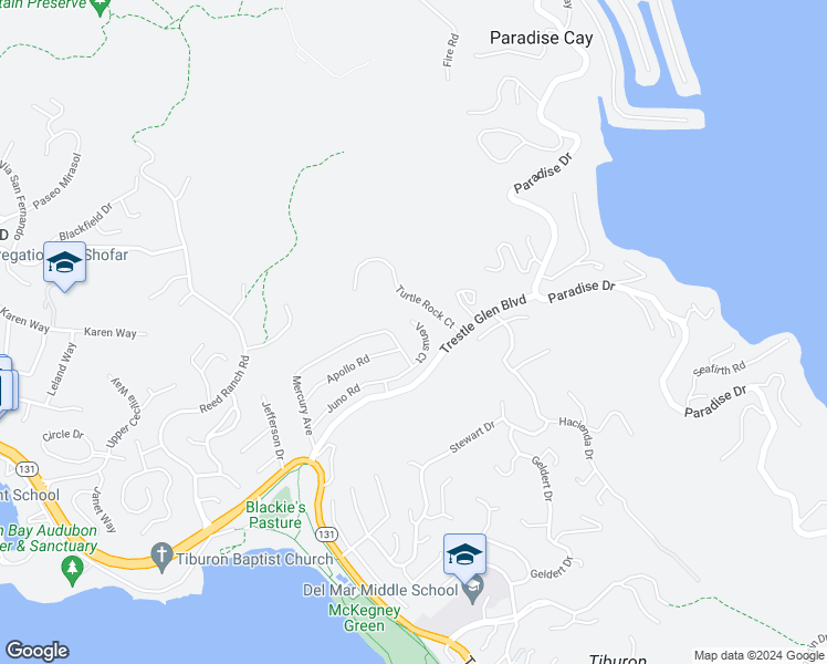 map of restaurants, bars, coffee shops, grocery stores, and more near 21 Venus Court in Tiburon