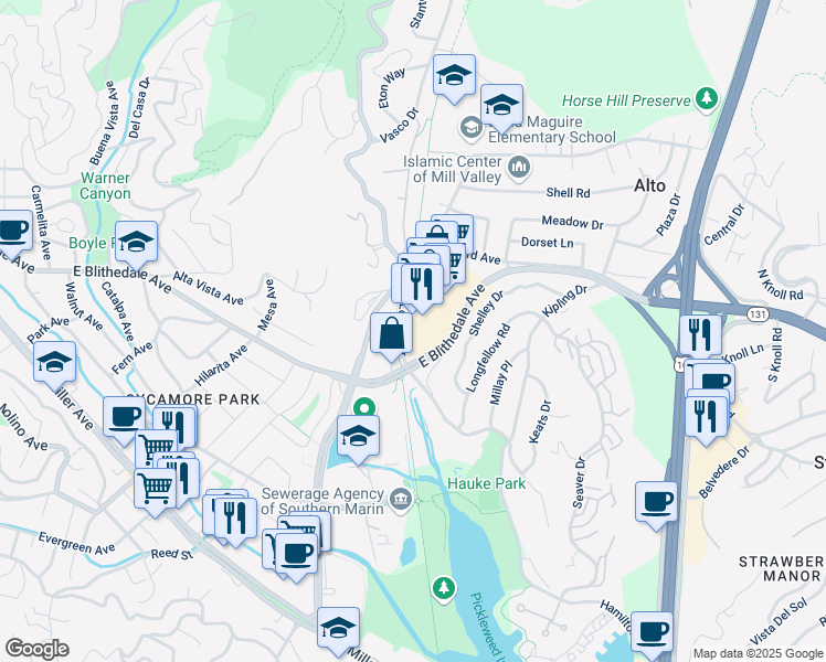 map of restaurants, bars, coffee shops, grocery stores, and more near 721 E Blithedale Ave in Mill Valley