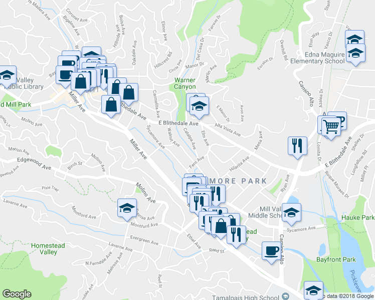map of restaurants, bars, coffee shops, grocery stores, and more near 71 Walnut Avenue in Mill Valley