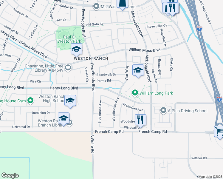 map of restaurants, bars, coffee shops, grocery stores, and more near 1117 Henry Long Boulevard in Stockton