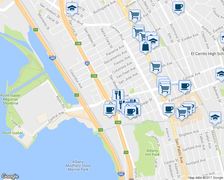 map of restaurants, bars, coffee shops, grocery stores, and more near 2912 San Luis Street in Richmond