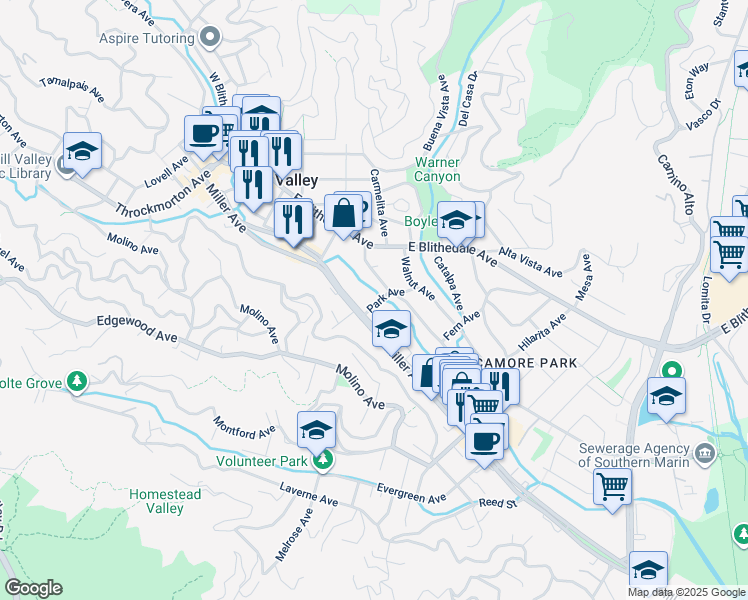 map of restaurants, bars, coffee shops, grocery stores, and more near 19 Park Avenue in Mill Valley