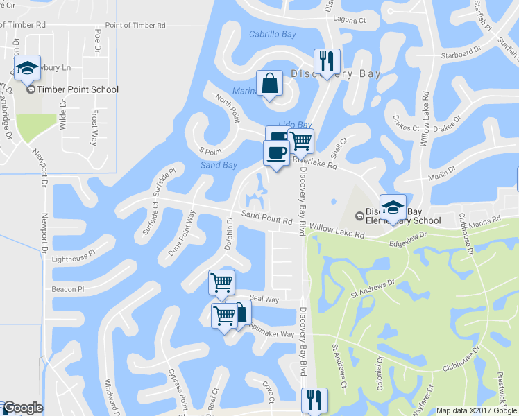 map of restaurants, bars, coffee shops, grocery stores, and more near 2023 Sand Point Road in Discovery Bay