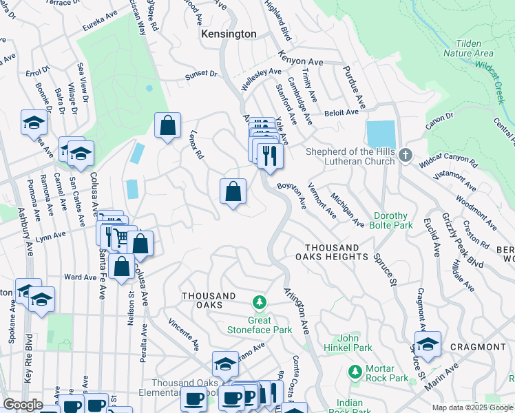 map of restaurants, bars, coffee shops, grocery stores, and more near 1 Eagle Hill Road in Kensington