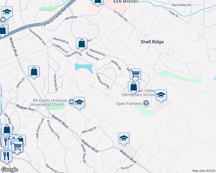 map of restaurants, bars, coffee shops, grocery stores, and more near Lakewood Cir & Summit Rd in Walnut Creek