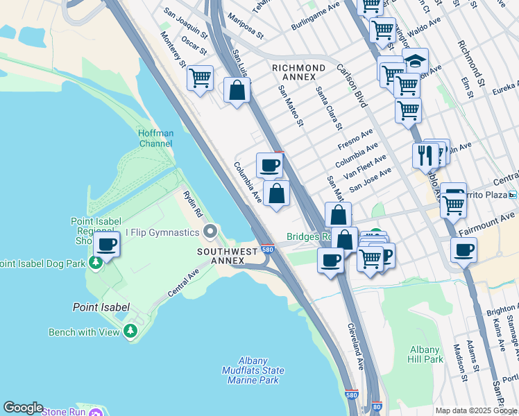 map of restaurants, bars, coffee shops, grocery stores, and more near 5076 Columbia Avenue in Richmond