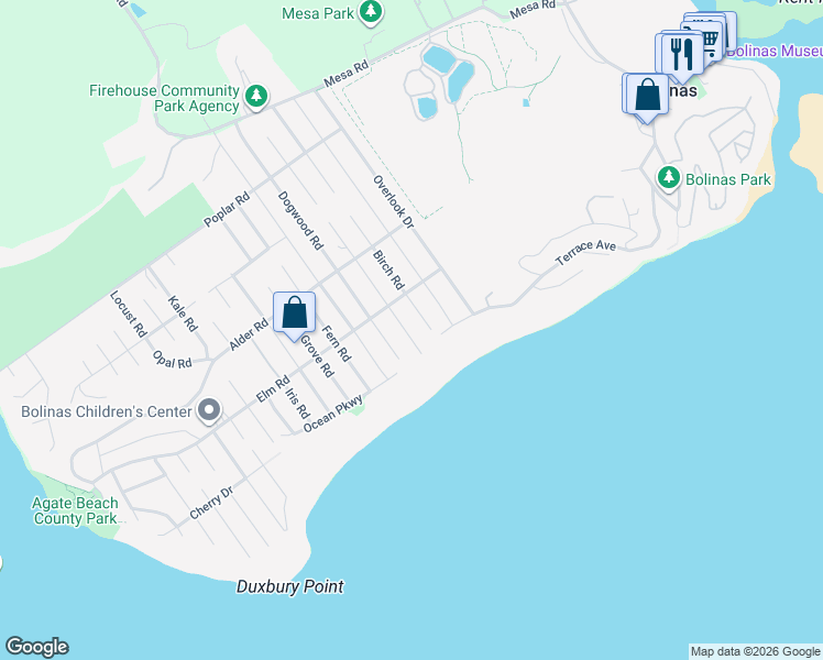 map of restaurants, bars, coffee shops, grocery stores, and more near 135 Cedar Road in Bolinas