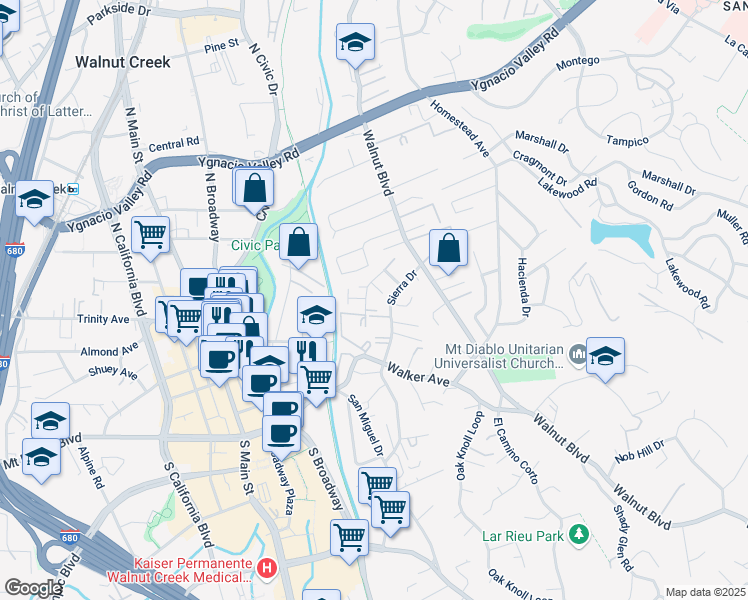 map of restaurants, bars, coffee shops, grocery stores, and more near 140 Sharene Lane in Walnut Creek