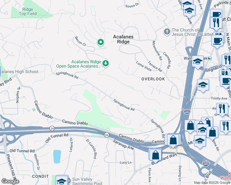 map of restaurants, bars, coffee shops, grocery stores, and more near 1556 Springbrook Road in Walnut Creek