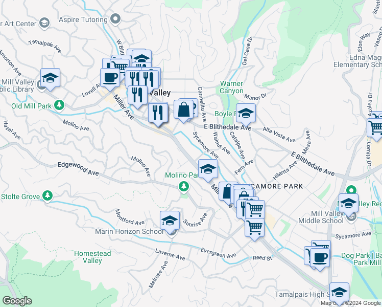map of restaurants, bars, coffee shops, grocery stores, and more near 19 Park Avenue in Mill Valley
