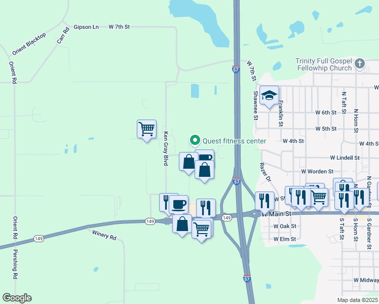 map of restaurants, bars, coffee shops, grocery stores, and more near 1069 Factory Outlet Boulevard in West Frankfort