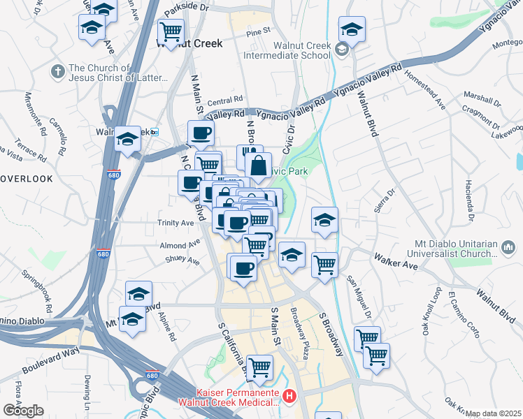 map of restaurants, bars, coffee shops, grocery stores, and more near 1644 North Broadway in Walnut Creek