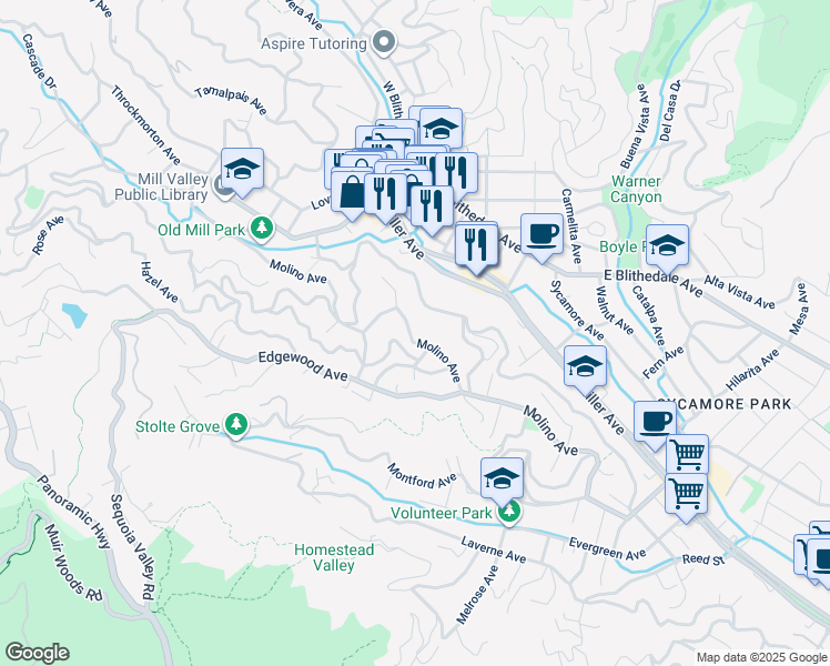 map of restaurants, bars, coffee shops, grocery stores, and more near 233 Molino Avenue in Mill Valley