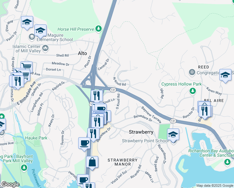 map of restaurants, bars, coffee shops, grocery stores, and more near 36 Tiburon Boulevard in Mill Valley