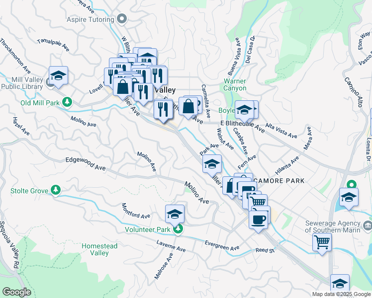 map of restaurants, bars, coffee shops, grocery stores, and more near 190 Miller Avenue in Mill Valley